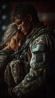 Embracing reunion of a soldier and loved one after deployment at a military base during the evening photo