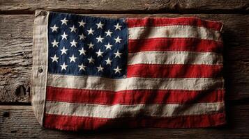 Vintage American flag displayed on a rustic wooden surface showcases its faded colors and historical significance photo