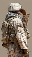 Soldier saluting in military uniform with American flag during outdoor ceremony in a warm environment photo