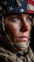 Portrait of a female soldier with striking blue eyes and an American flag helmet during a military operation at dusk photo