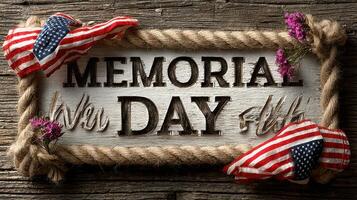 Memorial Day celebration sign with rustic design and patriotic decorations displayed on wooden background photo