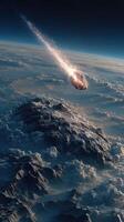 Meteor streaks through the atmosphere above rugged mountain range at twilight photo