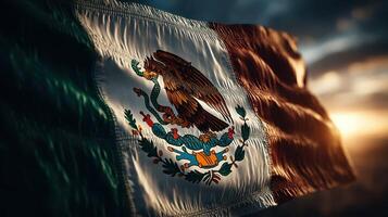 Mexican flag waving in the wind during sunset at a scenic location highlighting national pride photo