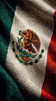 Details of the Mexican flag showcasing the eagle and serpent emblem embroidered on fabric photo