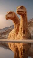 Giant dinosaur sculptures reflect in calm water at sunset near rocky landscape photo