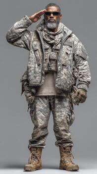 Military figure in camouflage uniform saluting, showcasing strength and dedication in a standing pose photo