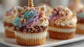 Delicious unicorn-themed cupcakes displayed on a white platter for a festive celebration photo