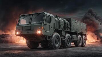 Military vehicle is parked on a battlefield with smoke and fire in the background during twilight hours photo