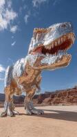 Giant metallic dinosaur sculpture stands in desert landscape under clear blue sky photo