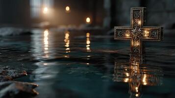 Cross illuminated in water within a dark, abandoned location creates an eerie atmosphere of reflection photo