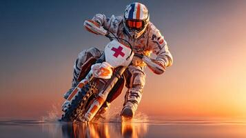 Motorbike rider in action during sunset on a reflective surface with dramatic splashes of water photo