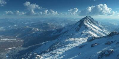 Snow-capped mountain peak rises above a vast winter landscape at midday under a clear blue sky adorned with fluffy clouds photo