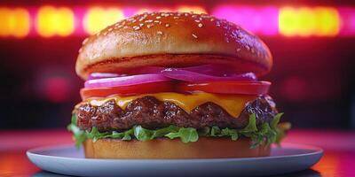 Juicy cheeseburger with fresh ingredients and sesame seed bun presented on a plate under colorful lights photo