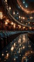 Elegant theater interior with ornate lighting and reflections on polished floor at an evening performance photo