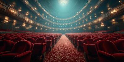 Luxurious interior of an empty theater with red seats and dramatic lighting at dusk photo