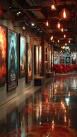 Vintage movie posters line the stylish hallway of a cinema showcasing a modern design and inviting atmosphere photo