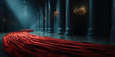 Dramatic hallway with a flowing red fabric, illuminated by soft light in an elegant setting photo
