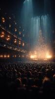 Audience gathers in ornate theater for enchanting holiday performance with stunning light display and decorated Christmas tree photo