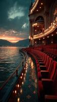 Elegant theater seats overlooking tranquil water during a beautiful sunset in an enchanting location photo