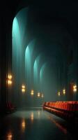 Mysterious ambiance in an empty theater with illuminated walls during twilight hours photo