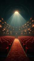 Enchanting interior of an elegant theater with vibrant red seating and dramatic lighting, evoking anticipation for a grand performance photo