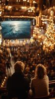 Couple watching a film at a cozy indoor theater decorated for the holidays photo