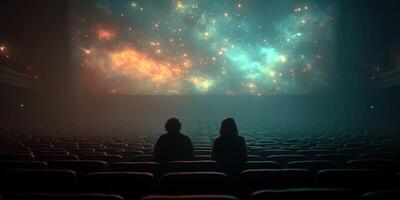 Couple enjoys a cosmic movie experience in an empty theater during a quiet evening photo