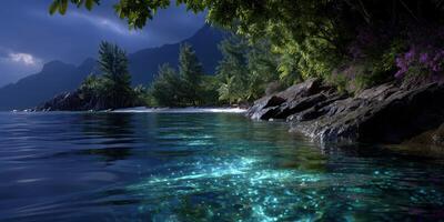 Scenic tropical coastline with crystal clear water and lush greenery under dramatic sky at dusk photo