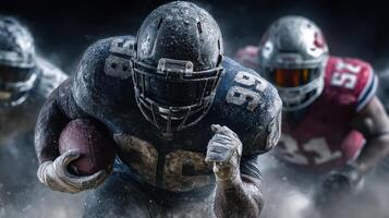 Intense football players charging down the field during a competitive night game under stadium lights photo