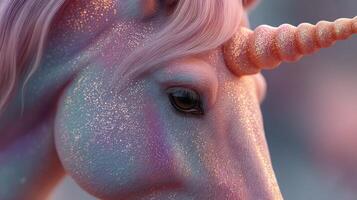Magical unicorn with sparkling mane and horn in a fantasy landscape at sunset photo