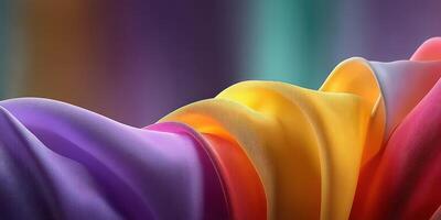 Colorful silk fabric waves flowing together creating a vibrant abstract display in a soft, blended lighting environment photo