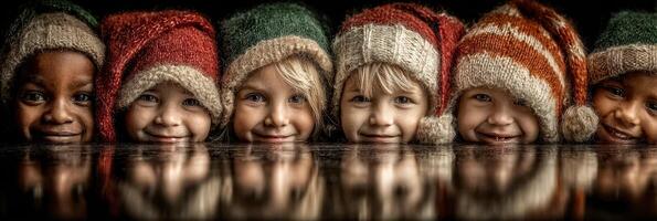 Smiling children in colorful hats gather together during winter celebration at a cozy indoor setting photo