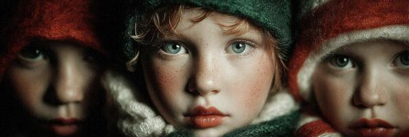 Young children in colorful winter hats displaying strong emotions in a close-up portrait during a chilly evening outdoors photo