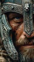 Warrior in a detailed metal helmet showcasing fierce expression and battle-scarred visage with deep lore of ancient times photo