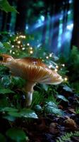 Mushroom surrounded by greenery in a forest with soft light filtering through trees at dusk photo