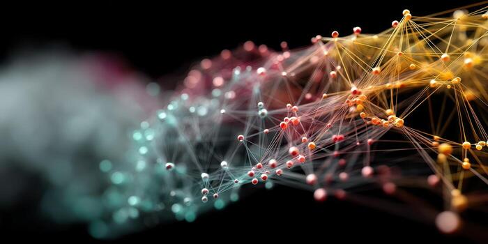 Dynamic representation of interconnected nodes illustrating data flow in a digital landscape photo