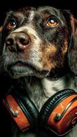 Dog wearing headphones looks attentively with striking eyes and unique expression in a creative studio setup photo