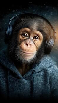 Monkey wearing headphones enjoys music in a cozy setting during the evening hours photo
