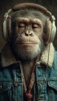 Monkey with headphones enjoying music in a cozy indoor setting during the evening hours photo