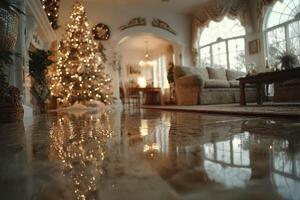 Cozy living room decorated for the holidays with a glowing Christmas tree and elegant furniture by the window photo
