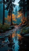 Golden autumn leaves reflect in a tranquil stream surrounded by tall trees in a serene forest setting at dusk photo