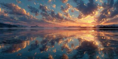Sunset over a tranquil lake reflecting colorful clouds and mountain silhouettes near a forested area in early evening light photo
