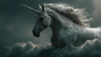 Majestic unicorn standing on clouds under a dramatic sky at twilight with swirling mist and ethereal lighting photo
