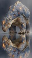 Giant armored creature with glowing features stands on reflective surface in a mystical setting photo