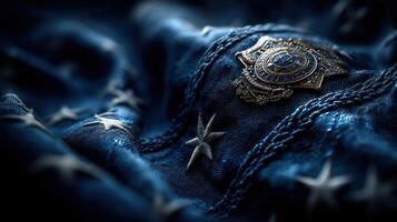 Detailed close-up of a law enforcement badge resting on a textured blue flag with stars, showcasing the significance of duty and honor photo