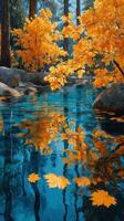 Autumn foliage reflects in serene water, creating a vibrant nature landscape in a tranquil forest setting photo