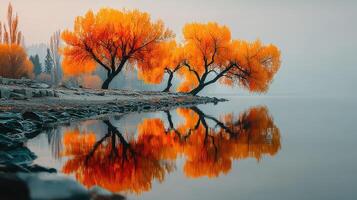 Autumn trees reflecting in calm water along the shore photo
