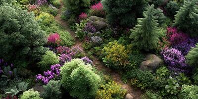 Vibrant forest path adorned with colorful flowers and lush greenery in a serene natural setting photo