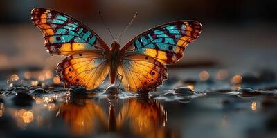Beautiful butterfly displaying vibrant colors beside a reflective surface during early morning light photo