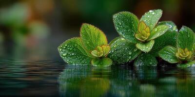 Green leaves with water droplets glisten on the surface of calm water in a serene garden setting photo